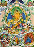 Colorful depiction of a deity surrounded by smaller figures and floral elements on a textured background