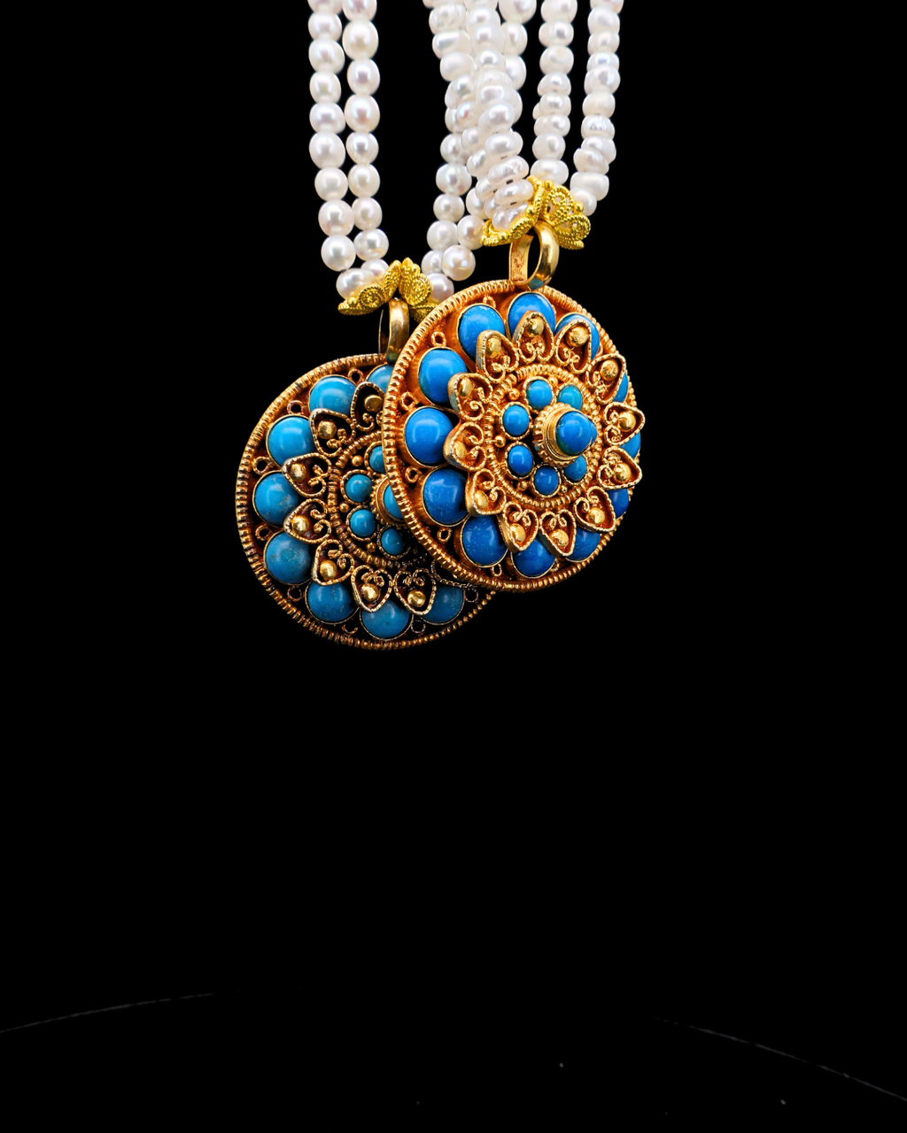 Double-Layer Eight-Petal Lotus Turquoise Mandala Necklace – Pearl Strands | One of a Kind