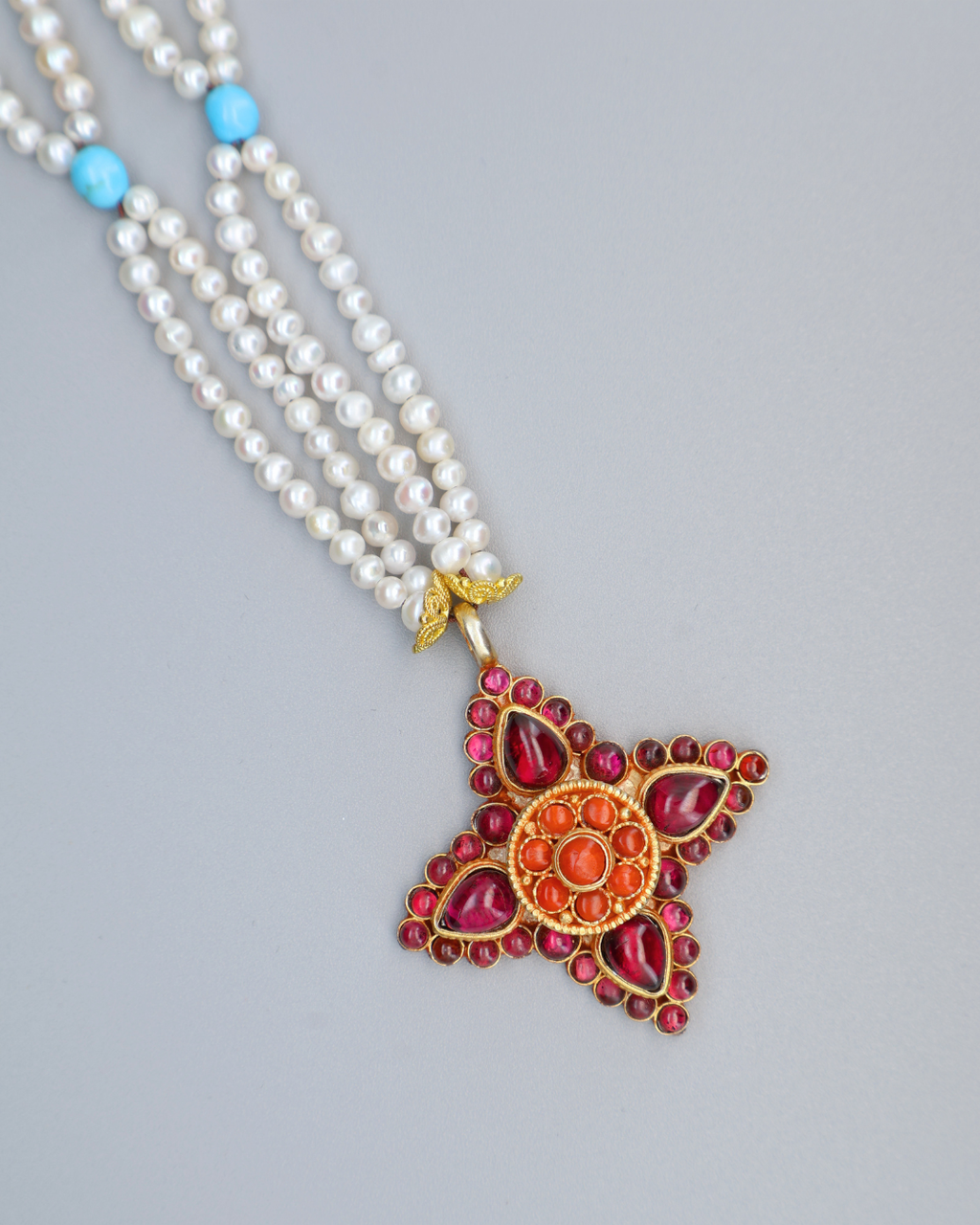 Four-Petal Lotus Necklace – Garnet, Turquoise & Pearl | One of a Kind