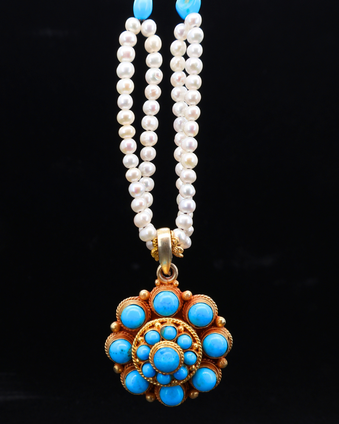 Eight-Petal Lotus Turquoise Mandala Necklace – Pearl Layered | One of a Kind