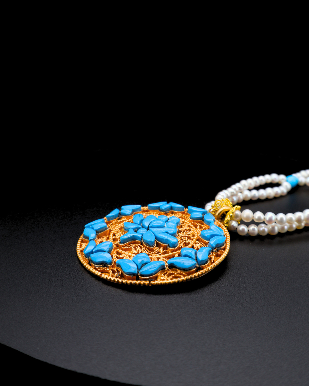 Sacred Lotus Mandala — Turquoise & Pearl Necklace