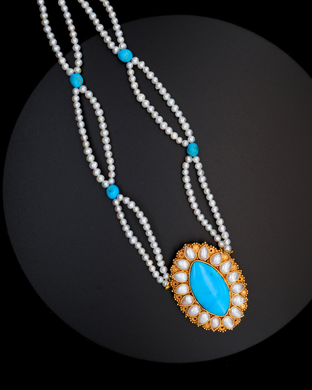 Sacred Halo Mandala — Turquoise & Pearl Necklace