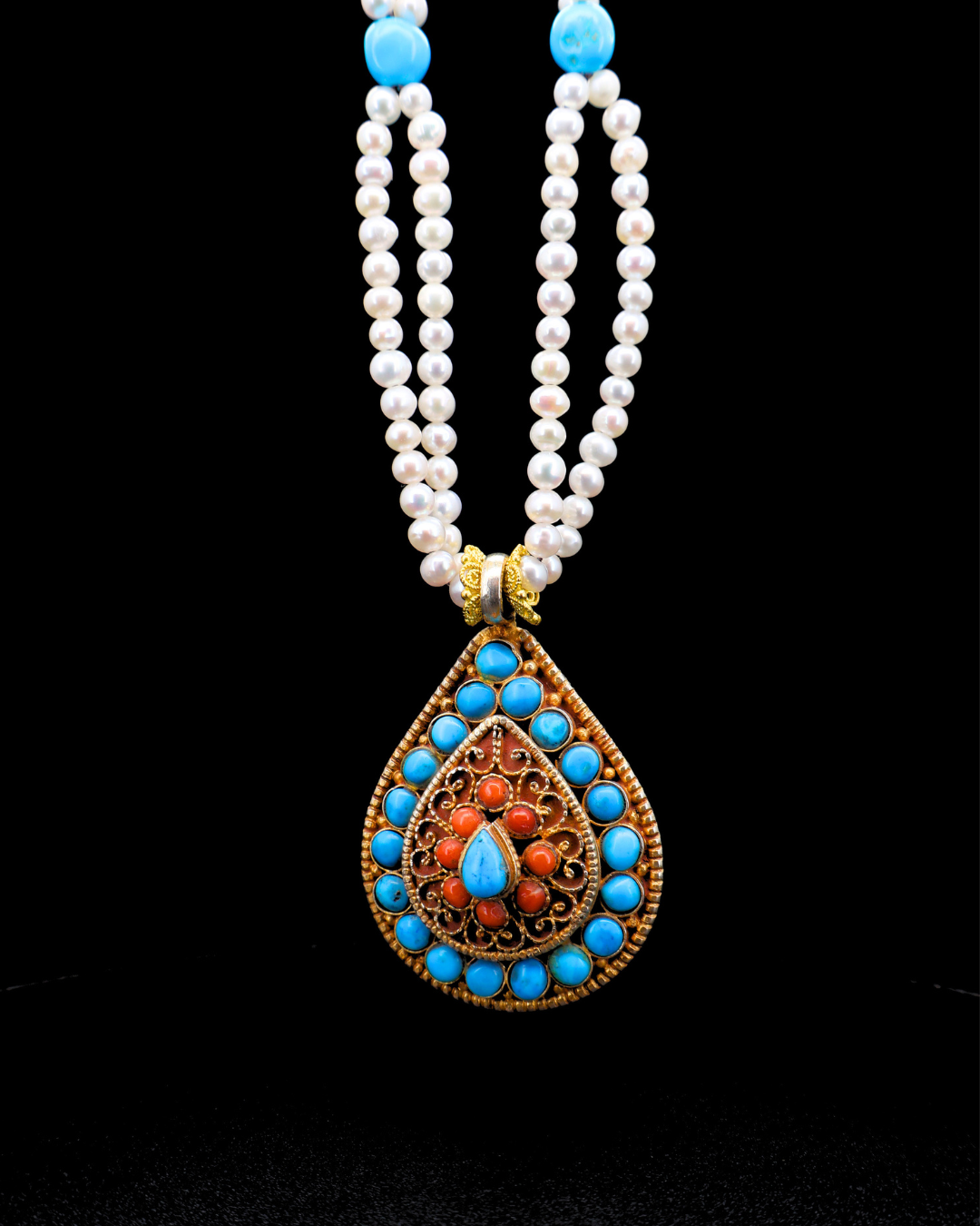 Sacred Flame Mandala Necklace – Turquoise, Coral & Pearl | Handmade Tibetan Jewellery