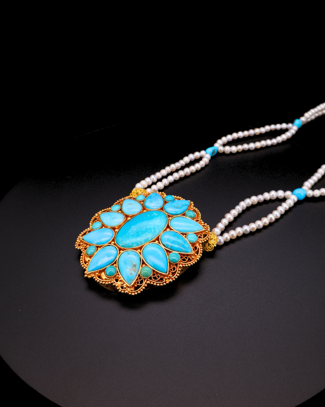 Celestial Turquoise Mandala Necklace – Double Layer Pearl Strands | One of a Kind