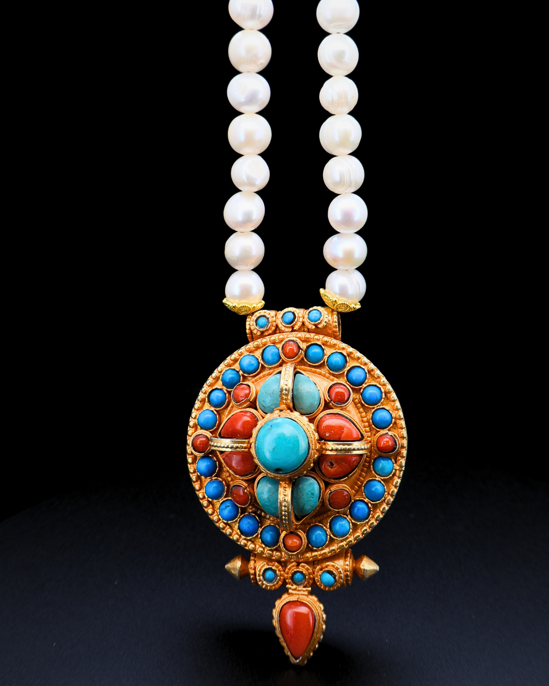 Sacred Radiance Ghau Pendant – Pearl, Turquoise & Coral Tibetan Amulet Necklace