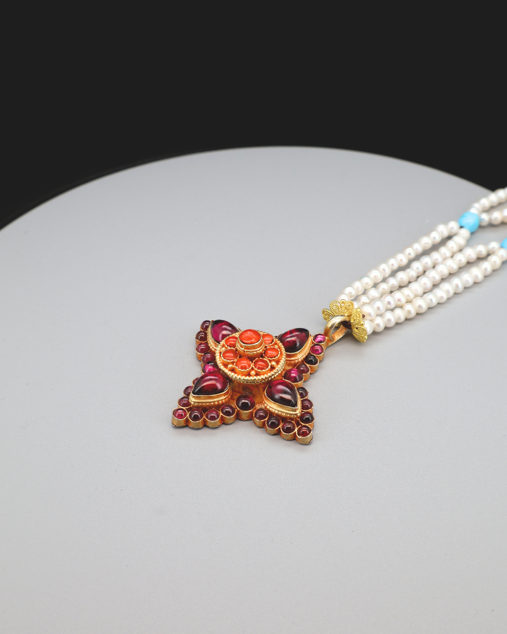Four-Petal Lotus Necklace – Garnet, Turquoise & Pearl | One of a Kind