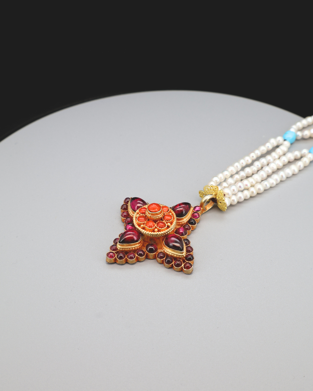 Four-Petal Lotus Necklace – Garnet, Turquoise & Pearl | One of a Kind
