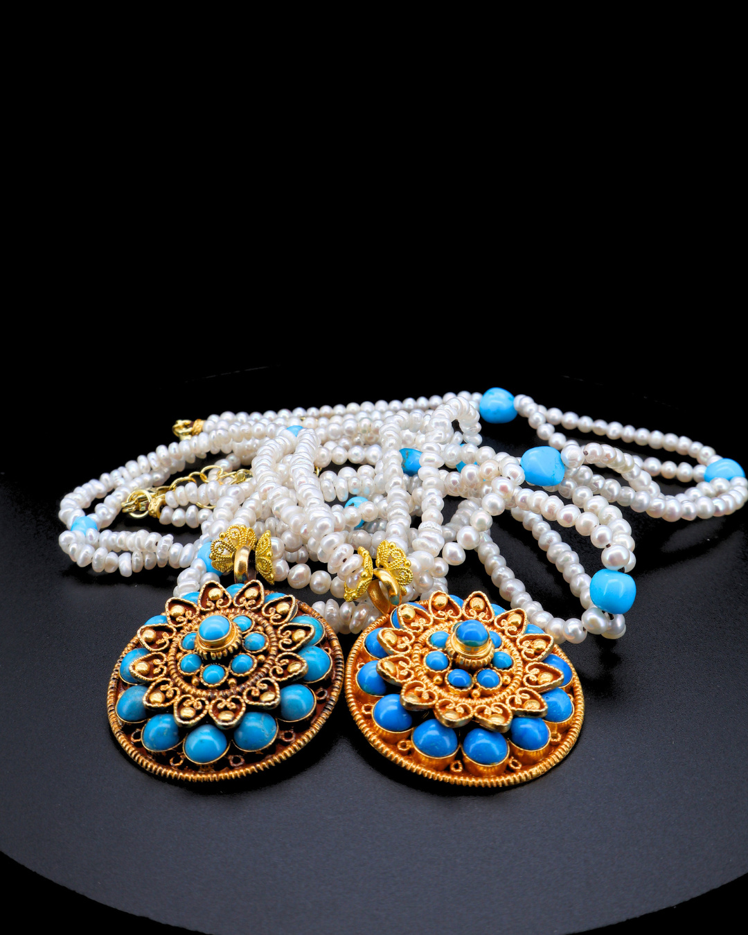 Double-Layer Eight-Petal Lotus Turquoise Mandala Necklace – Pearl Strands | One of a Kind