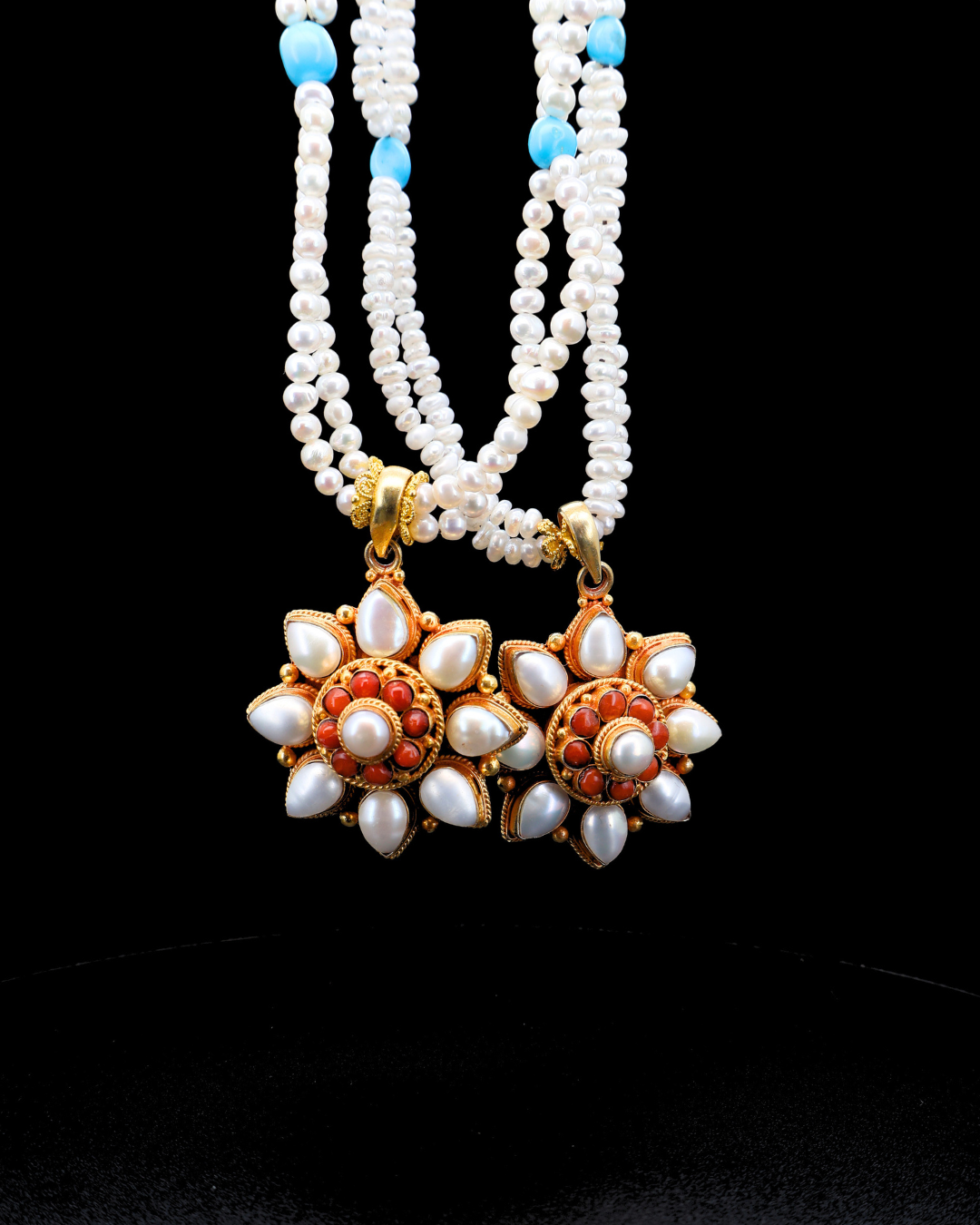 Double-Layer Eight-Petal Pearl & Coral Mandala Necklace – Dual Chain Options | One of a Kind