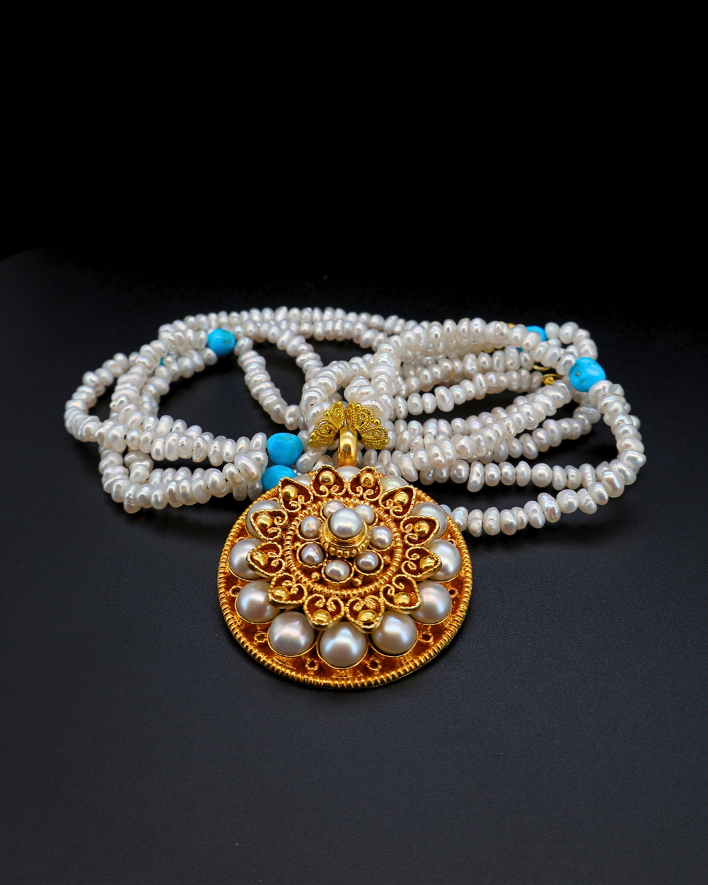Double-Layer Mandala Necklace – Pearl & Turquoise | Handmade in Tibet