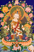 Colorful depiction of a seated figure with floral and decorative elements