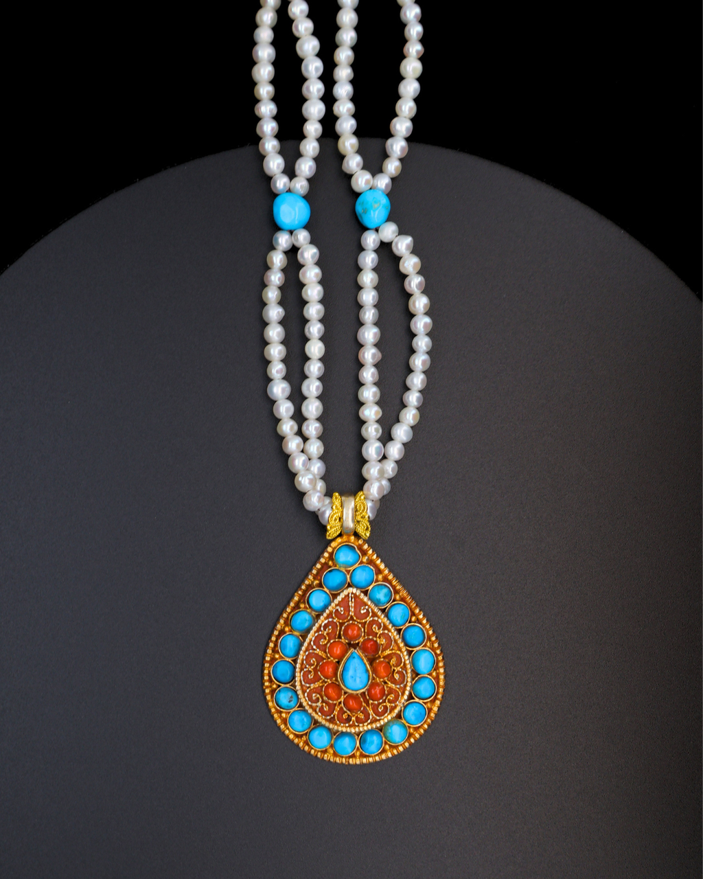 Sacred Flame Mandala Necklace – Turquoise, Coral & Pearl | Handmade Tibetan Jewellery