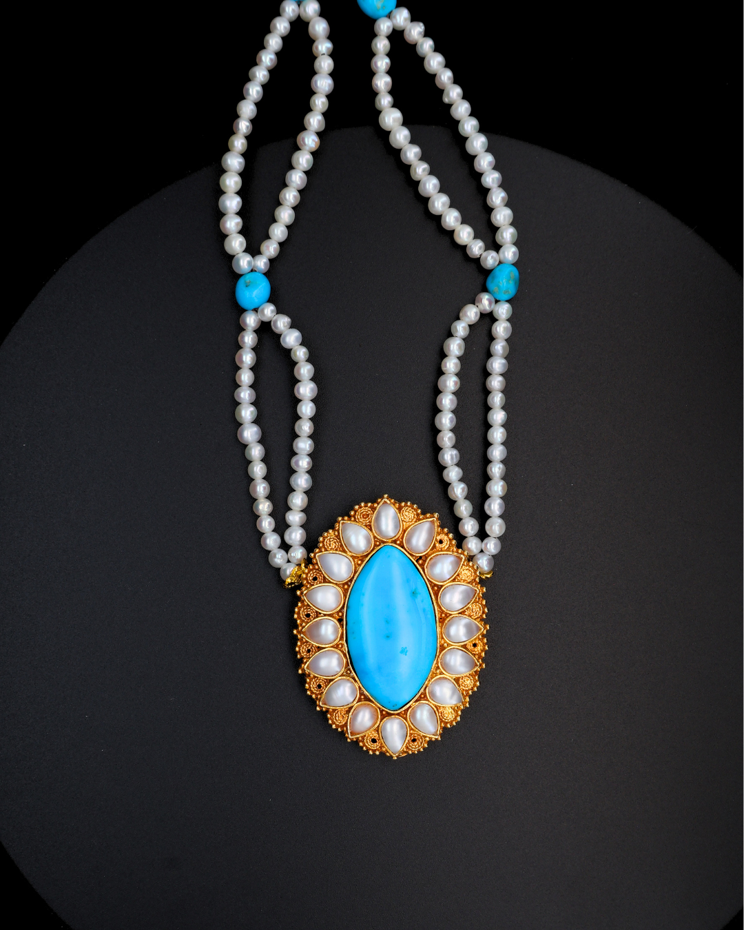 Sacred Halo Mandala — Turquoise & Pearl Necklace