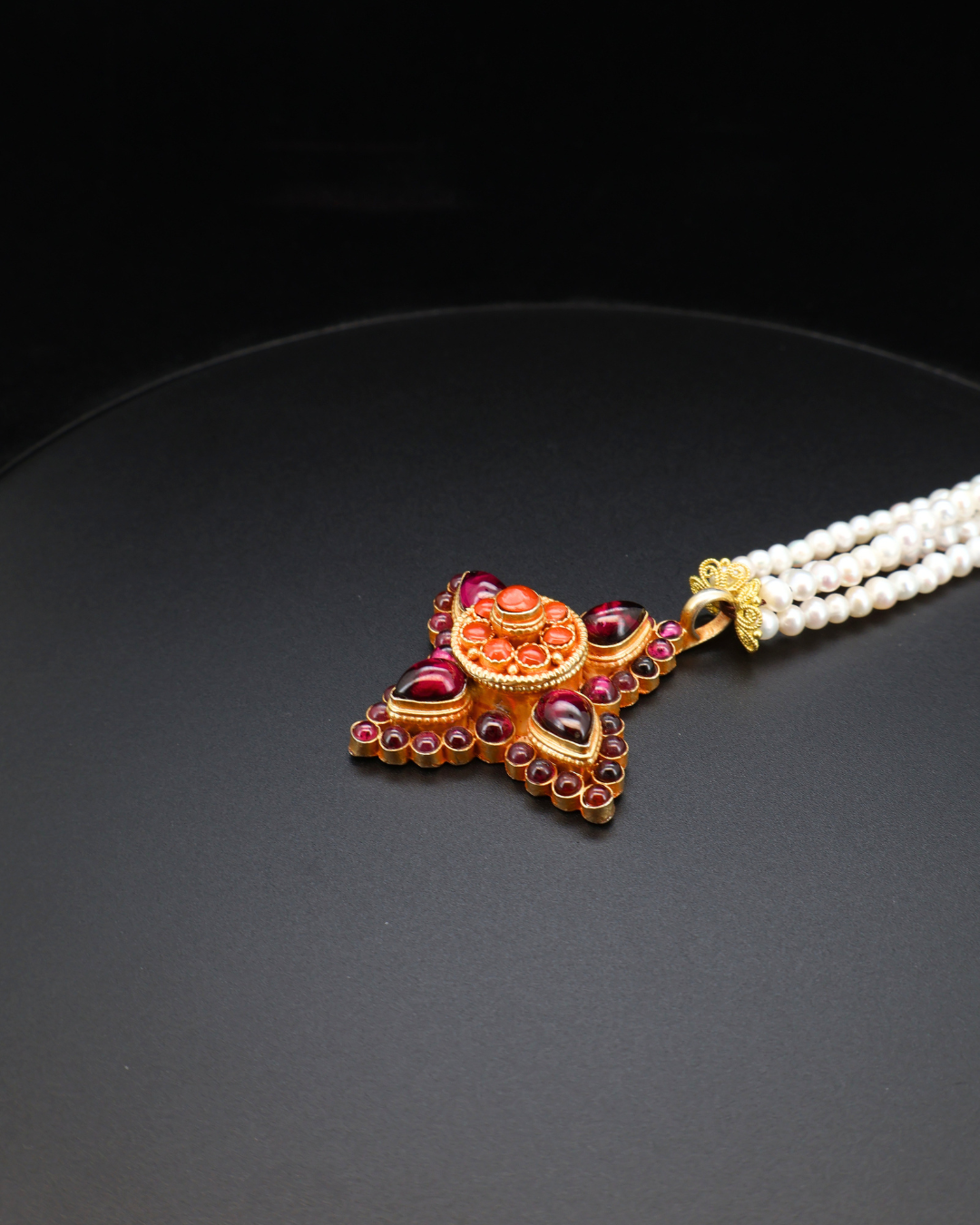 Four-Petal Lotus Necklace – Garnet, Turquoise & Pearl | One of a Kind