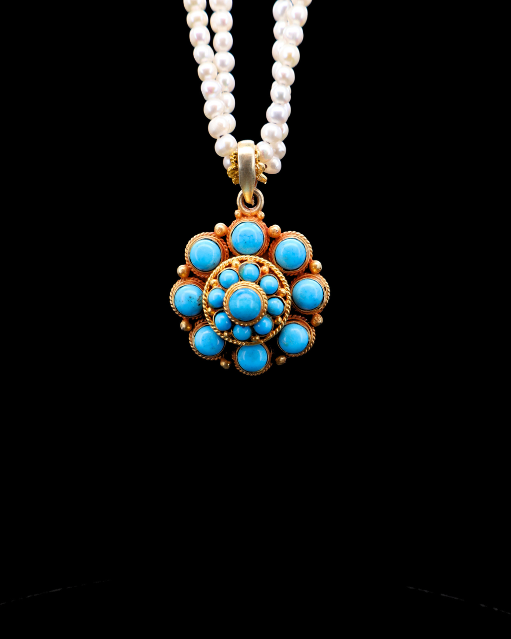 Eight-Petal Lotus Turquoise Mandala Necklace – Pearl Layered | One of a Kind