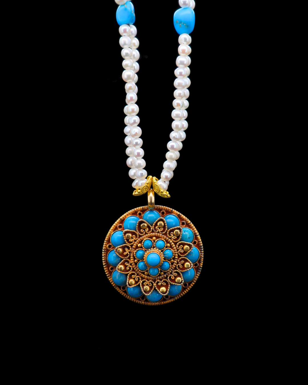 Double-Layer Eight-Petal Lotus Turquoise Mandala Necklace – Pearl Strands | One of a Kind