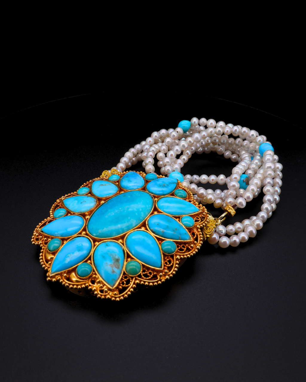 Celestial Turquoise Mandala Necklace – Double Layer Pearl Strands | One of a Kind