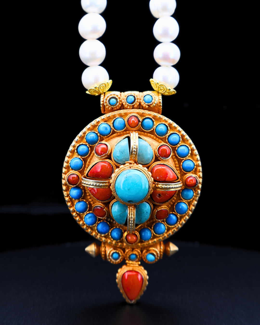 Sacred Radiance Ghau Pendant – Pearl, Turquoise & Coral Tibetan Amulet Necklace