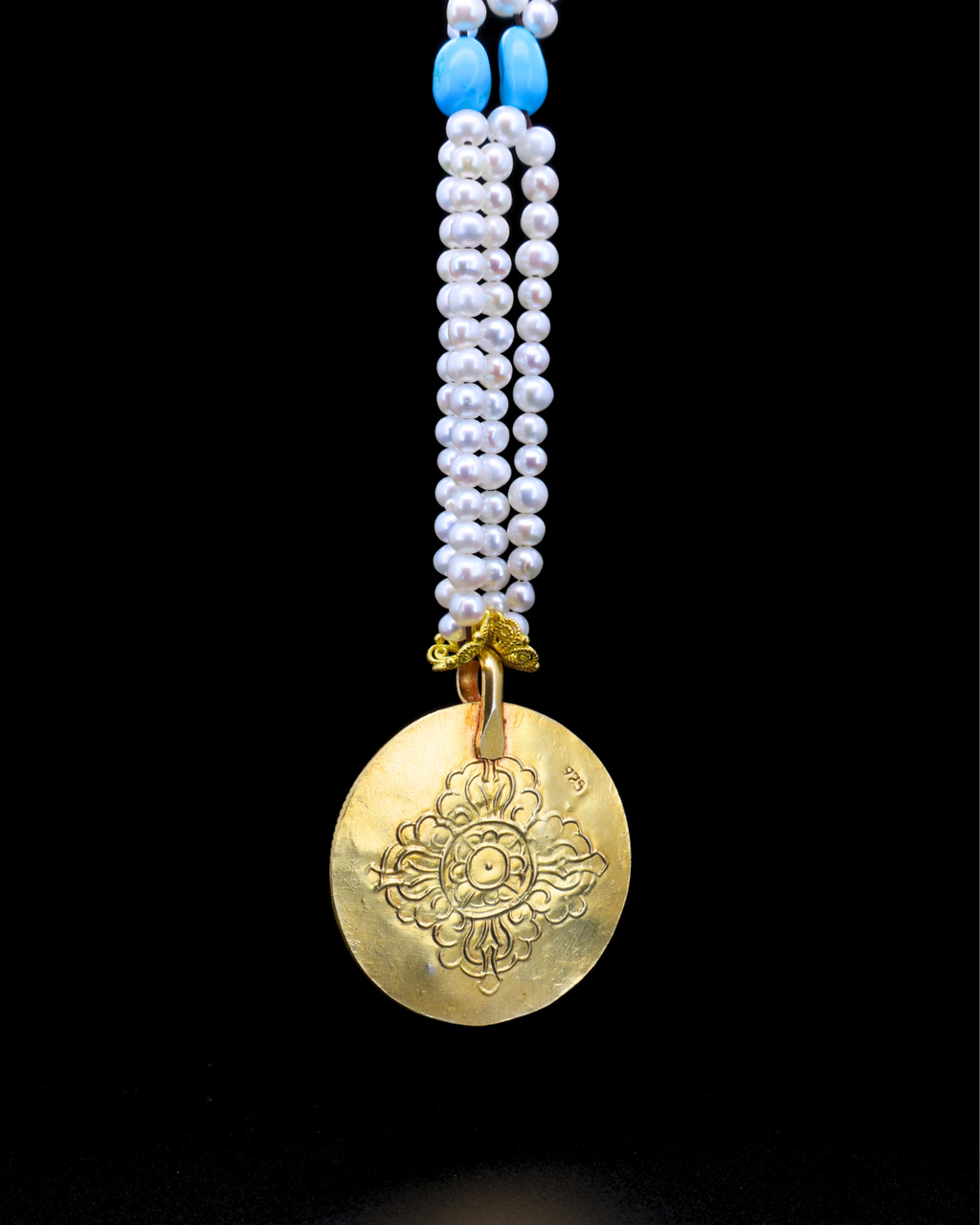 Double-Layer Mandala Necklace – Pearl & Turquoise | Handmade in Tibet