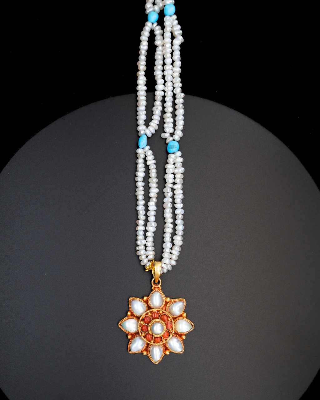 Double-Layer Eight-Petal Pearl & Coral Mandala Necklace – Dual Chain Options | One of a Kind