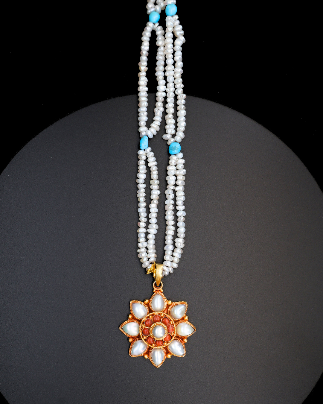 Double-Layer Eight-Petal Pearl & Coral Mandala Necklace – Dual Chain Options | One of a Kind