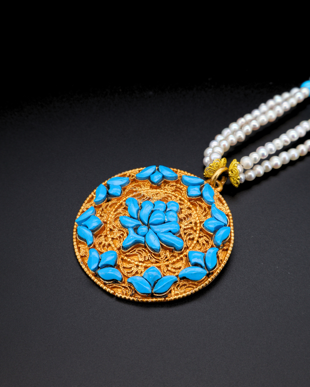 Sacred Lotus Mandala — Turquoise & Pearl Necklace
