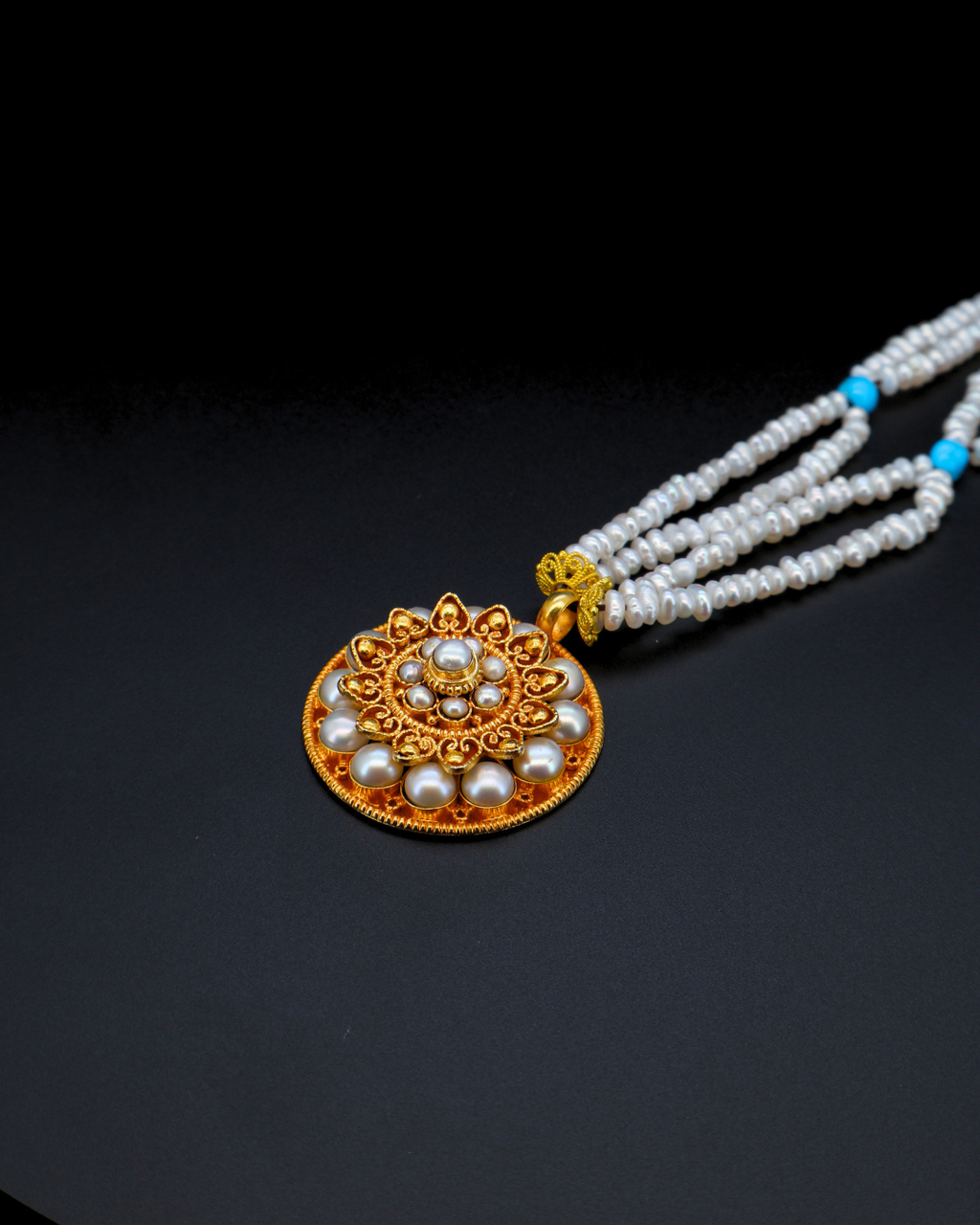 Double-Layer Mandala Necklace – Pearl & Turquoise | Handmade in Tibet