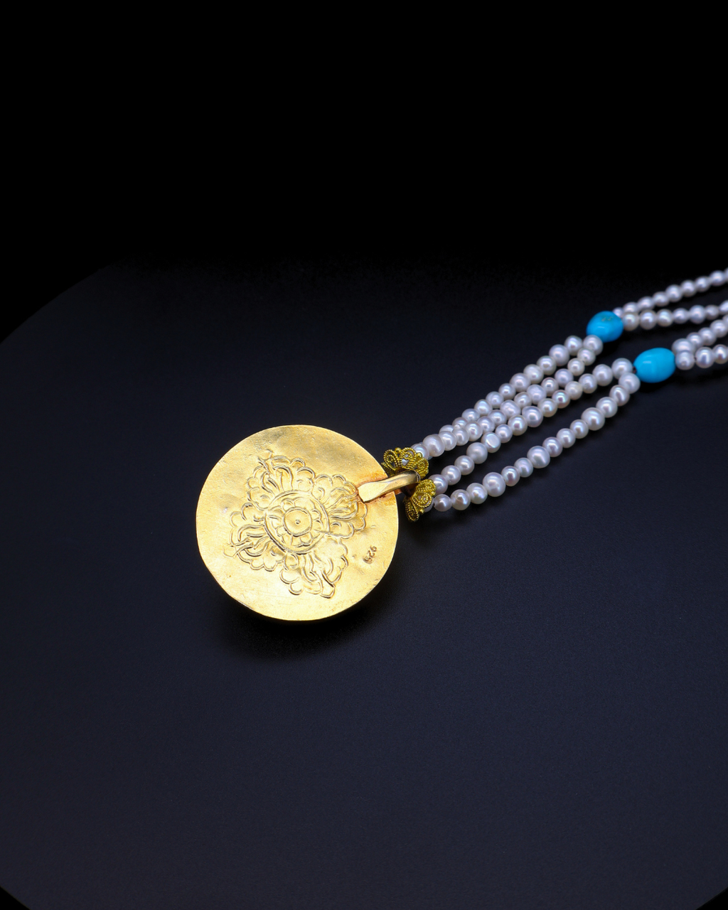 Double-Layer Mandala Necklace – Pearl & Turquoise | Handmade in Tibet