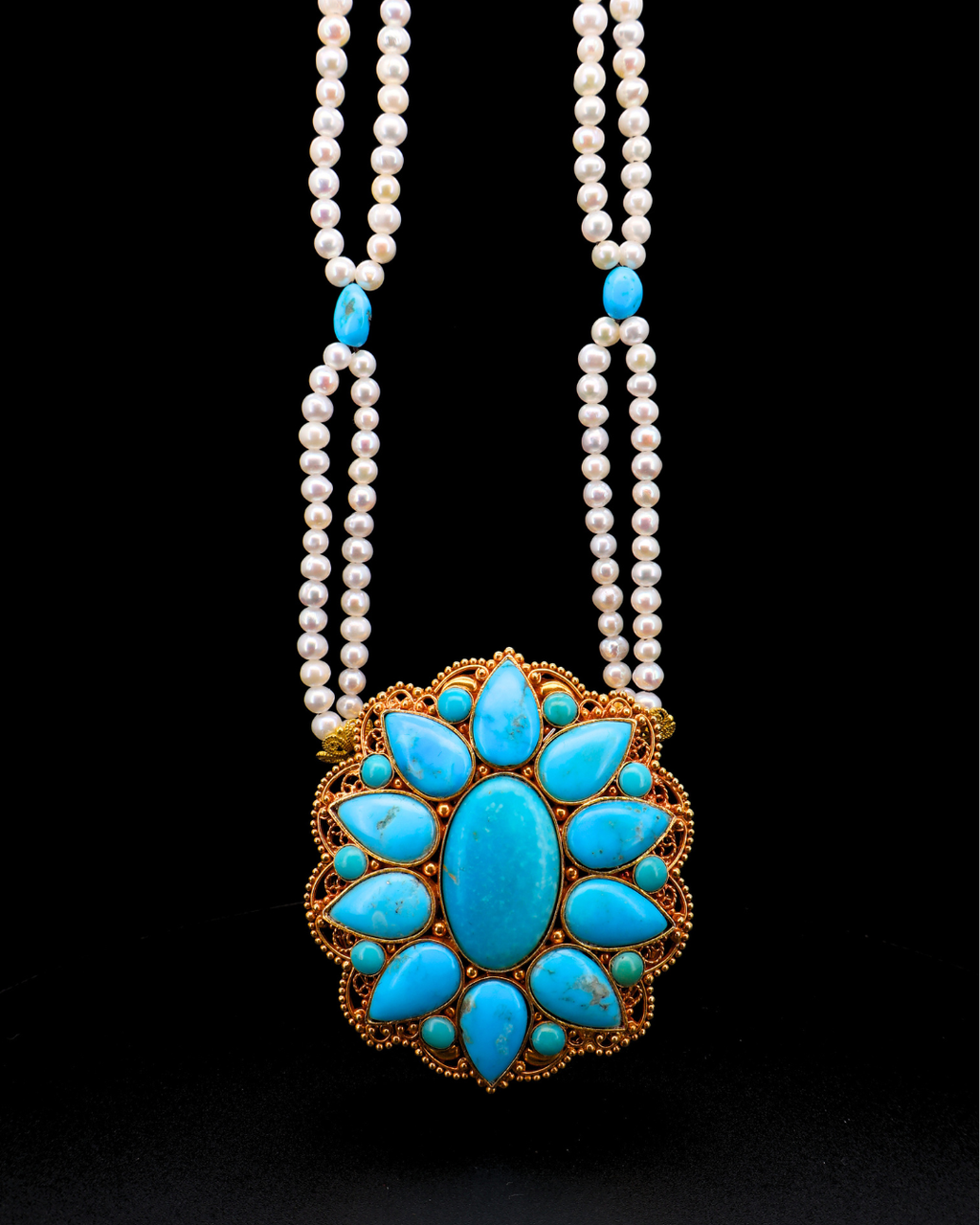 Celestial Turquoise Mandala Necklace – Double Layer Pearl Strands | One of a Kind