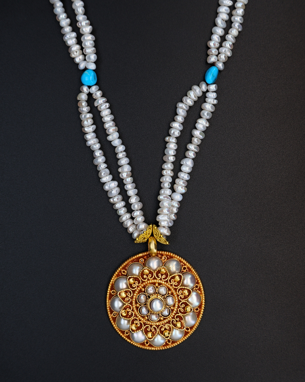 Double-Layer Mandala Necklace – Pearl & Turquoise | Handmade in Tibet