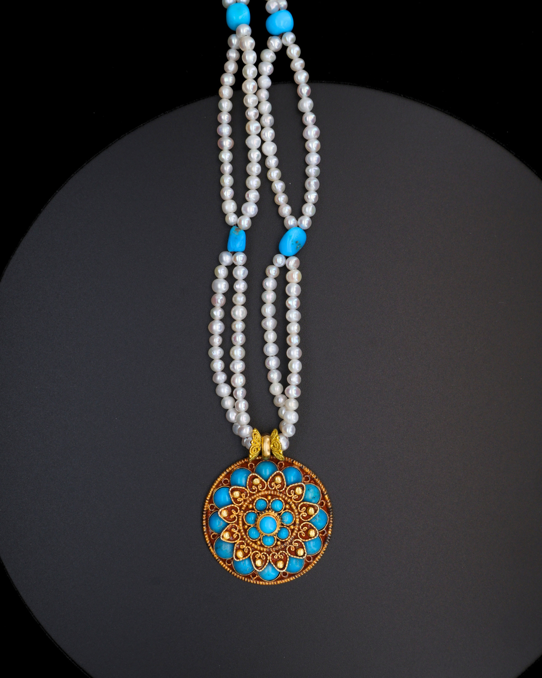 Double-Layer Eight-Petal Lotus Turquoise Mandala Necklace – Pearl Strands | One of a Kind