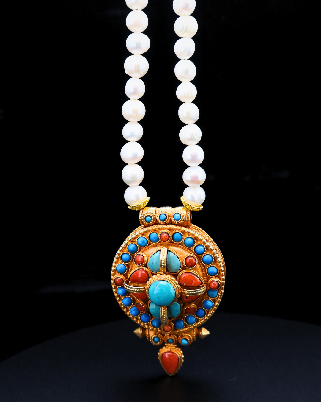 Sacred Radiance Ghau Pendant – Pearl, Turquoise & Coral Tibetan Amulet Necklace