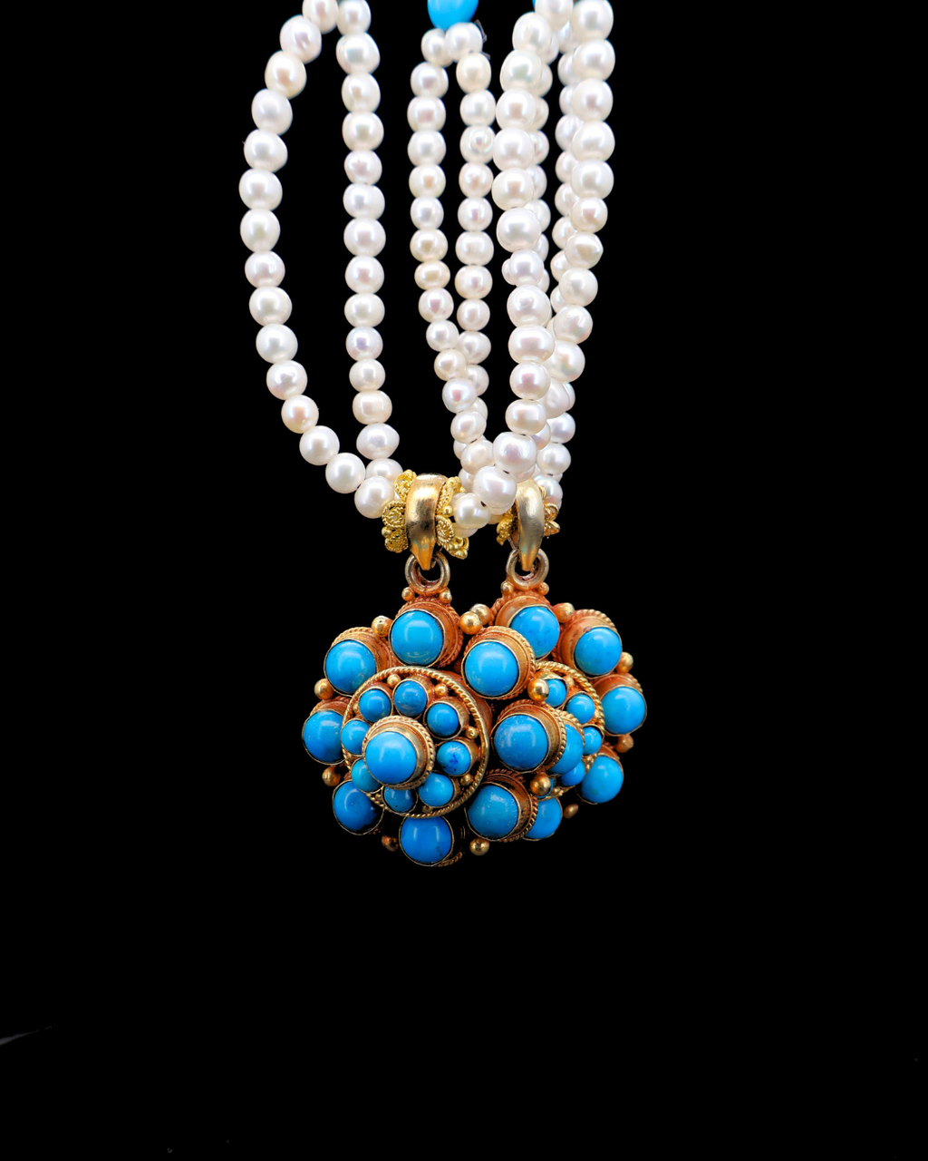 Eight-Petal Lotus Turquoise Mandala Necklace – Pearl Layered | One of a Kind