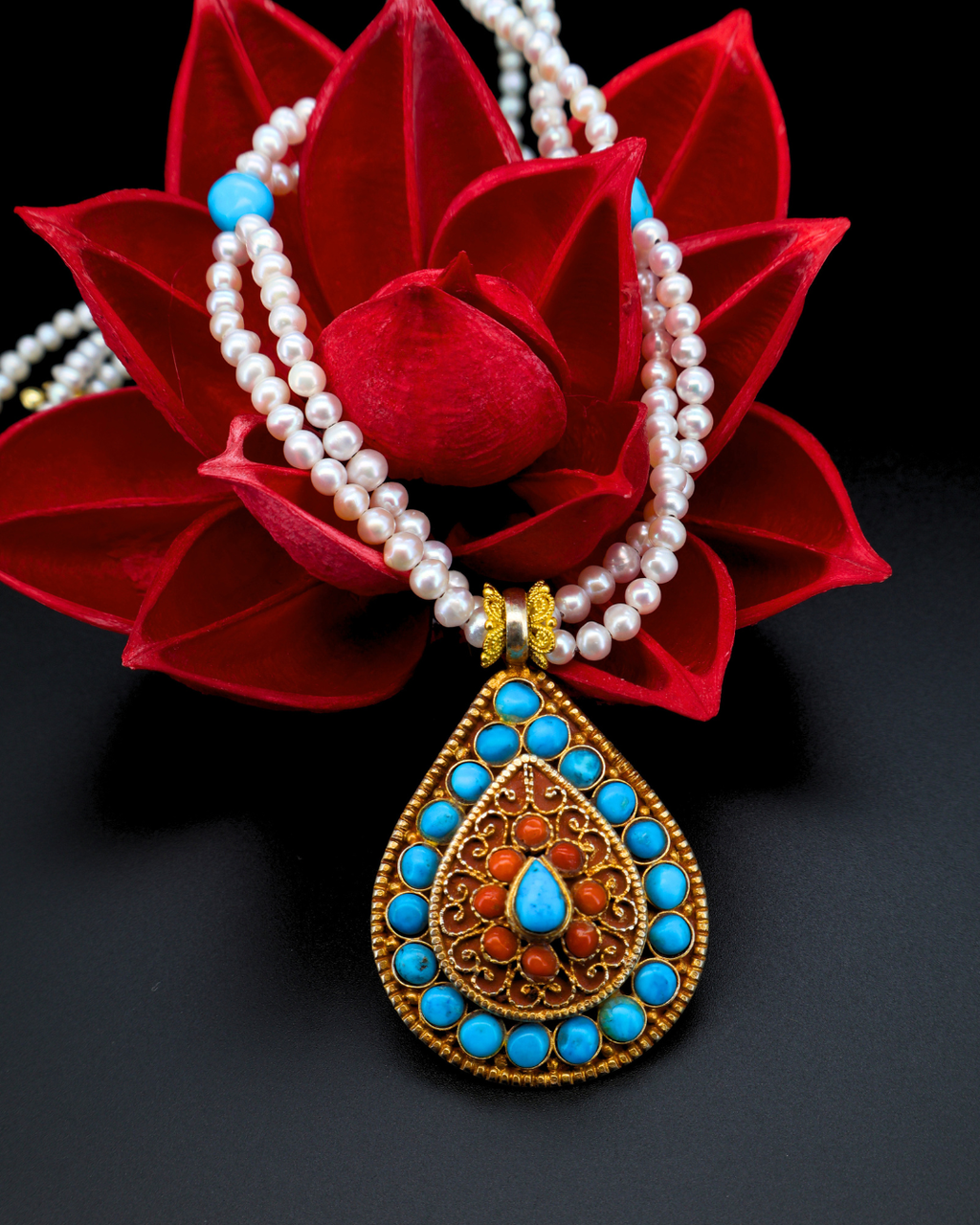 Sacred Flame Mandala Necklace – Turquoise, Coral & Pearl | Handmade Tibetan Jewellery