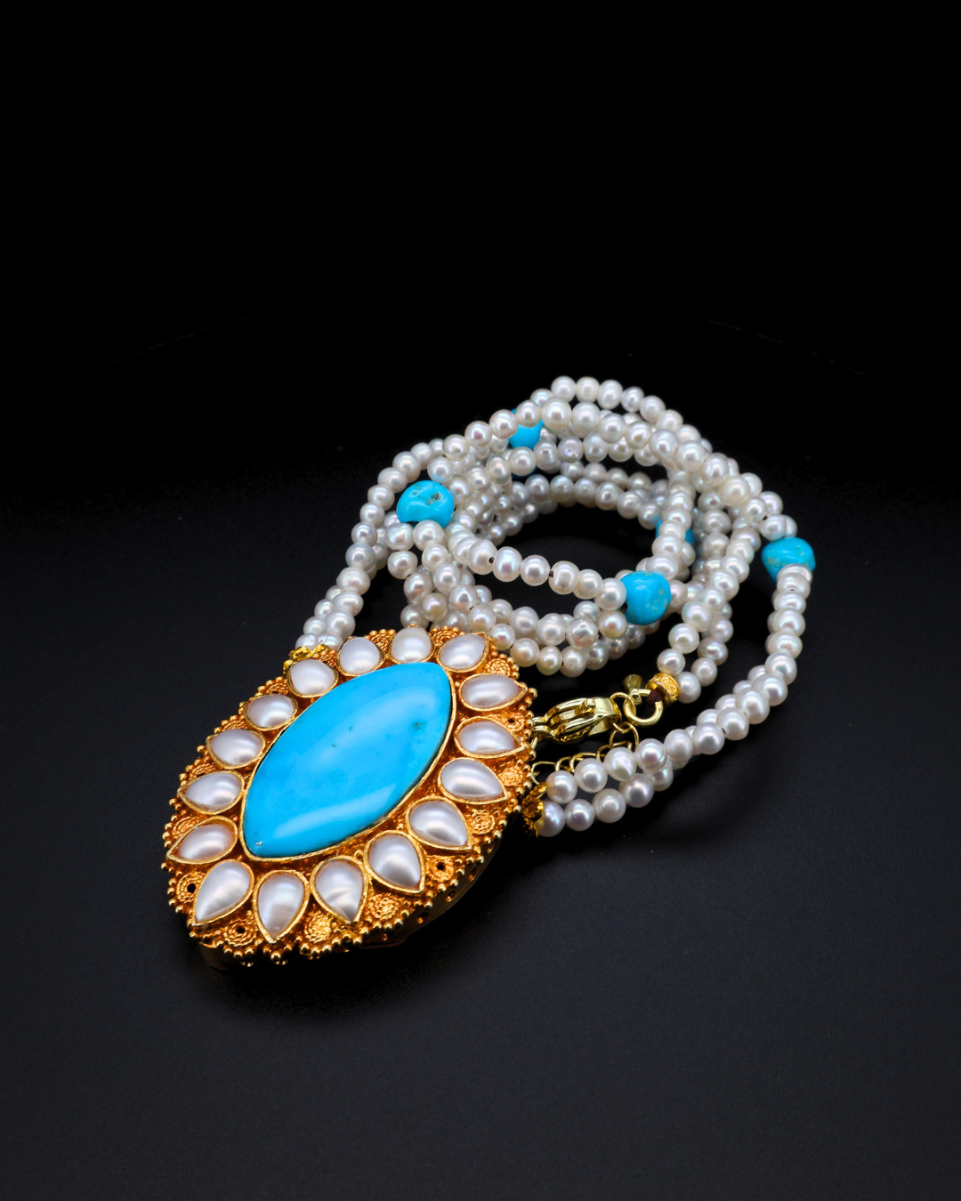 Sacred Halo Mandala — Turquoise & Pearl Necklace