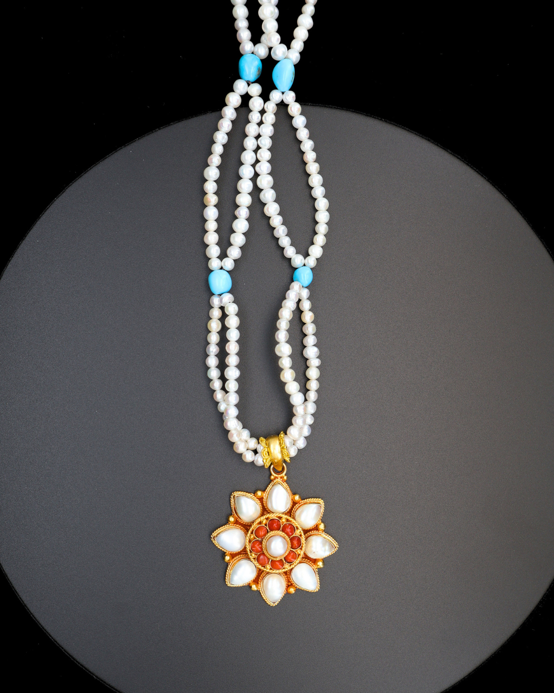 Double-Layer Eight-Petal Pearl & Coral Mandala Necklace – Dual Chain Options | One of a Kind