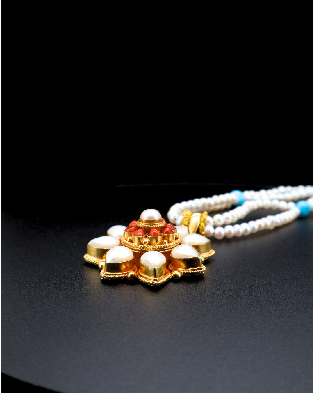 Double-Layer Eight-Petal Pearl & Coral Mandala Necklace – Dual Chain Options | One of a Kind