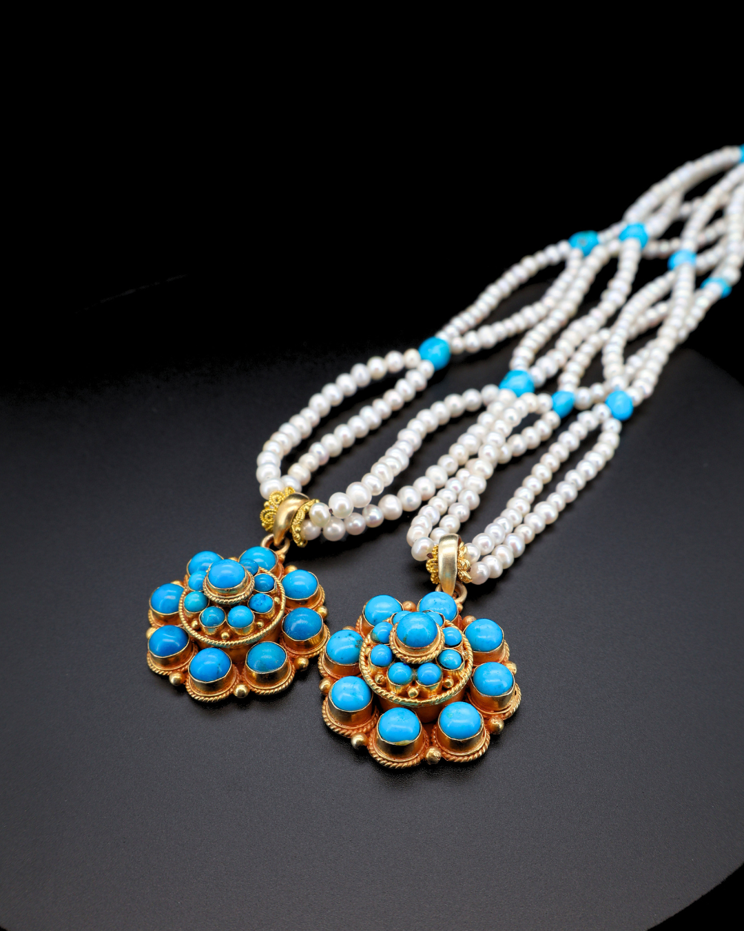 Eight-Petal Lotus Turquoise Mandala Necklace – Pearl Layered | One of a Kind