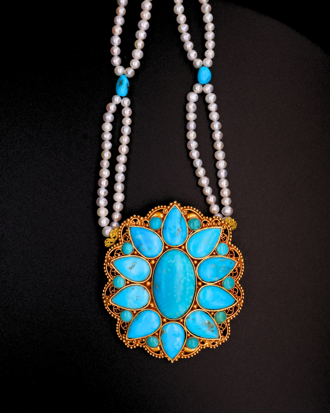 Celestial Turquoise Mandala Necklace – Double Layer Pearl Strands | One of a Kind