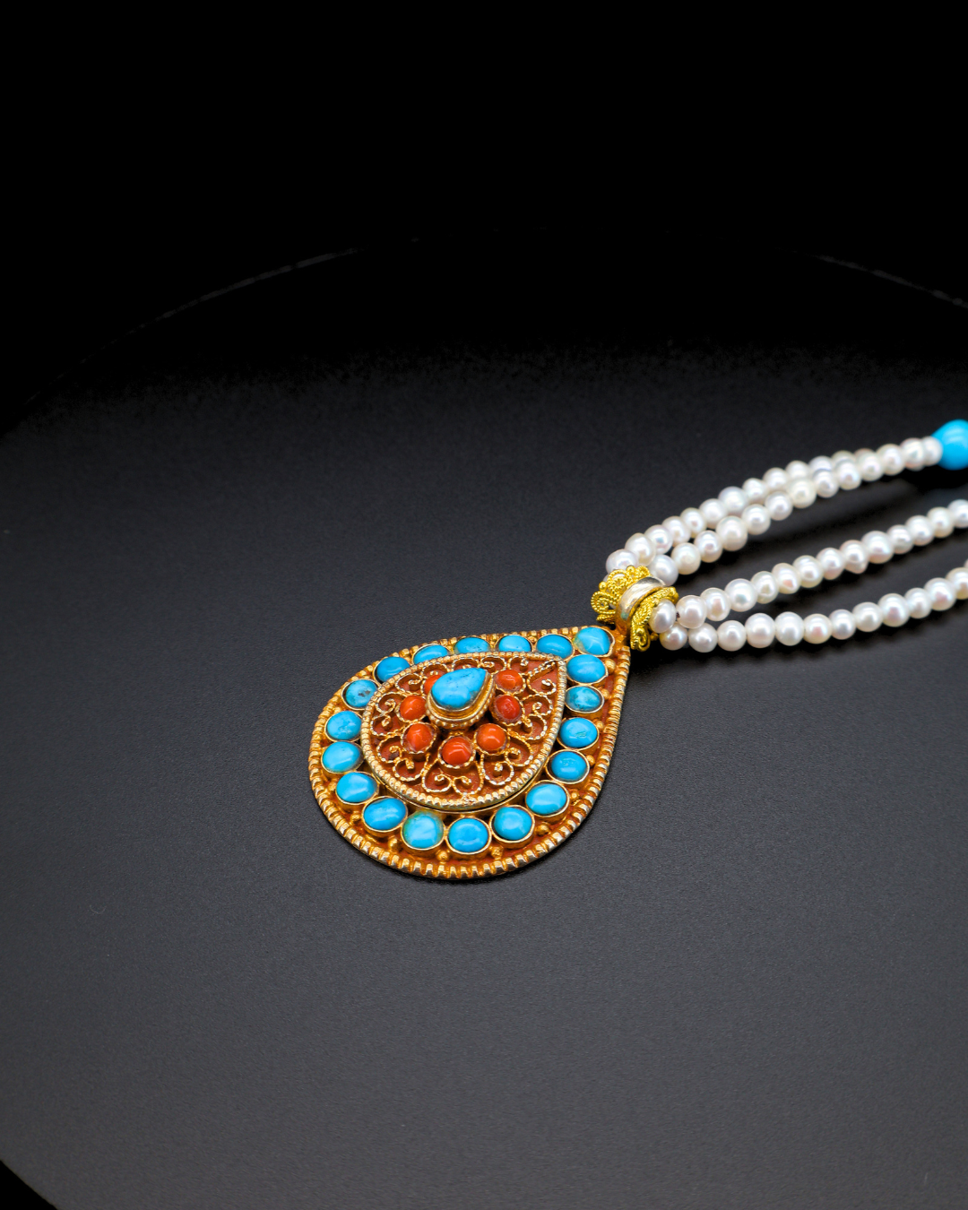 Sacred Flame Mandala Necklace – Turquoise, Coral & Pearl | Handmade Tibetan Jewellery
