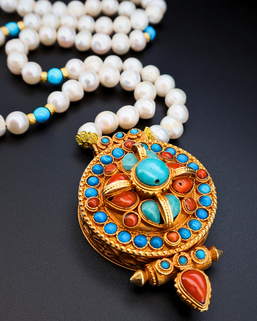 Sacred Radiance Ghau Pendant – Pearl, Turquoise & Coral Tibetan Amulet Necklace