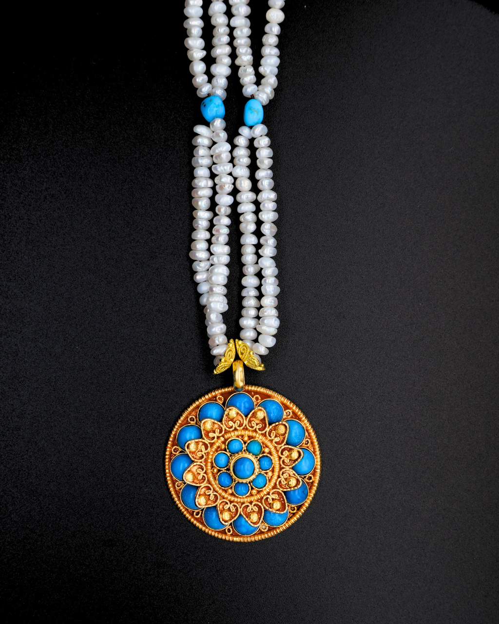 Double-Layer Eight-Petal Lotus Turquoise Mandala Necklace – Pearl Strands | One of a Kind