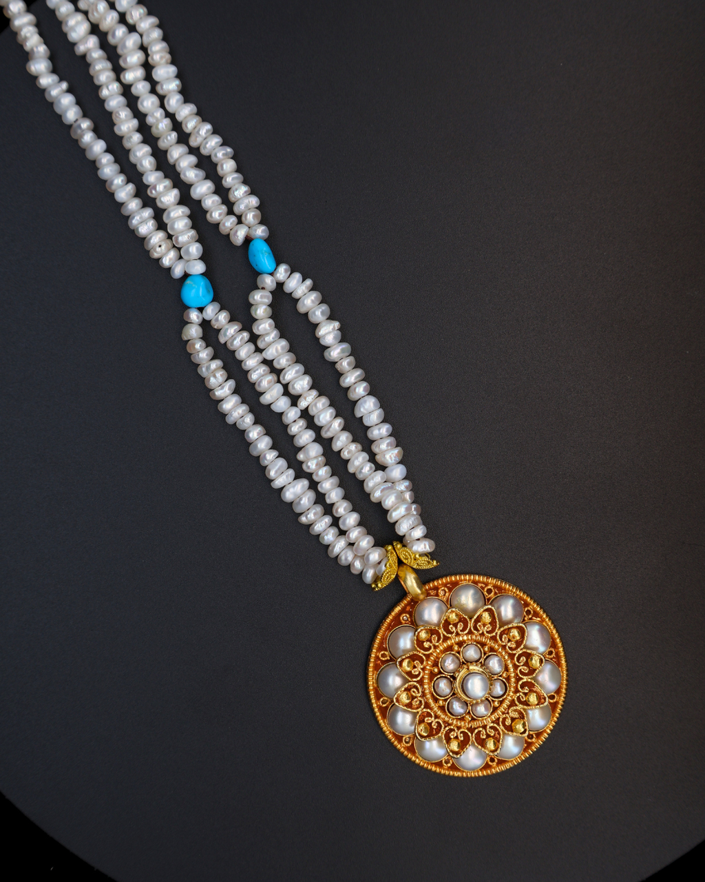 Double-Layer Mandala Necklace – Pearl & Turquoise | Handmade in Tibet