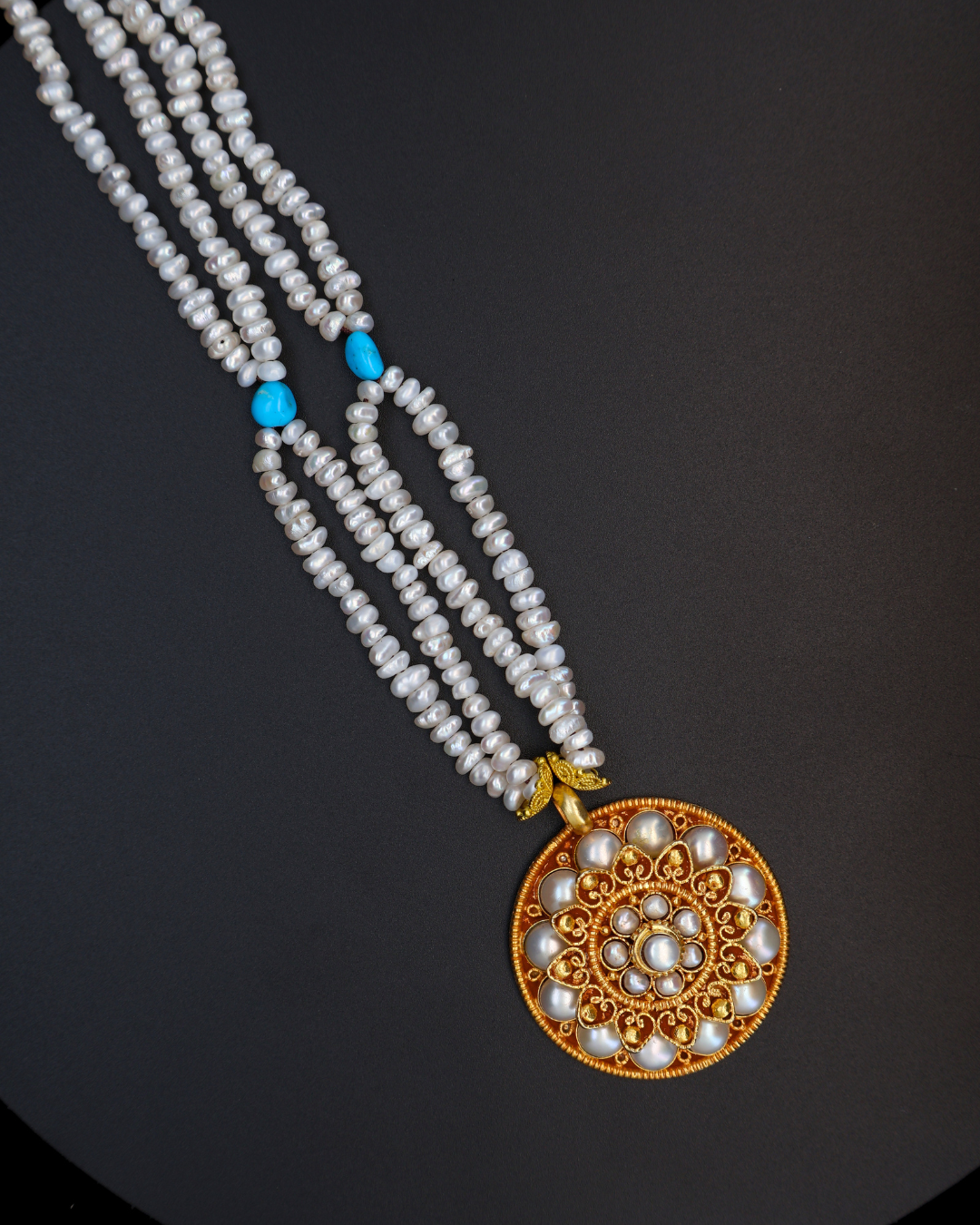 Double-Layer Mandala Necklace – Pearl & Turquoise | Handmade in Tibet