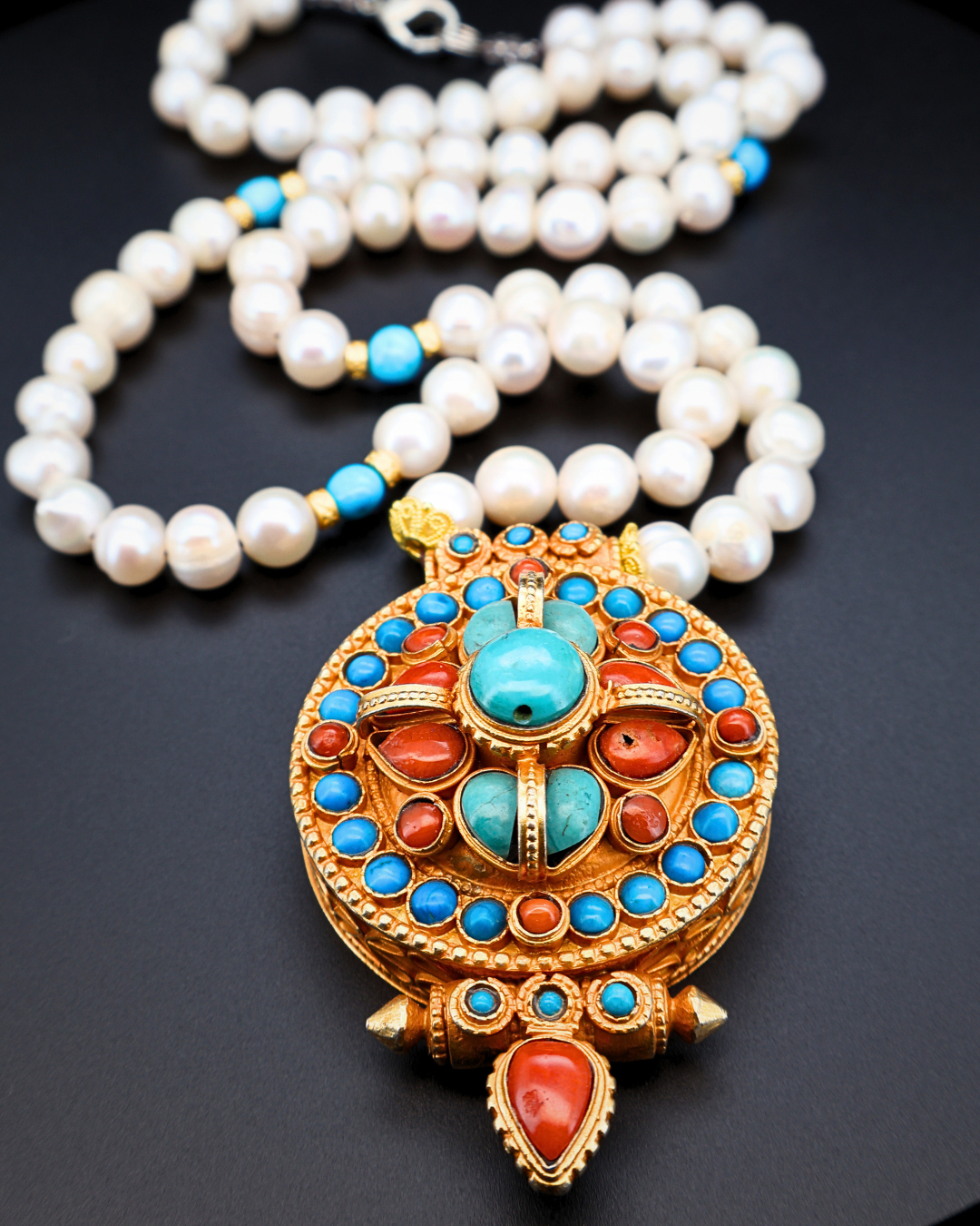 Sacred Radiance Ghau Pendant – Pearl, Turquoise & Coral Tibetan Amulet Necklace