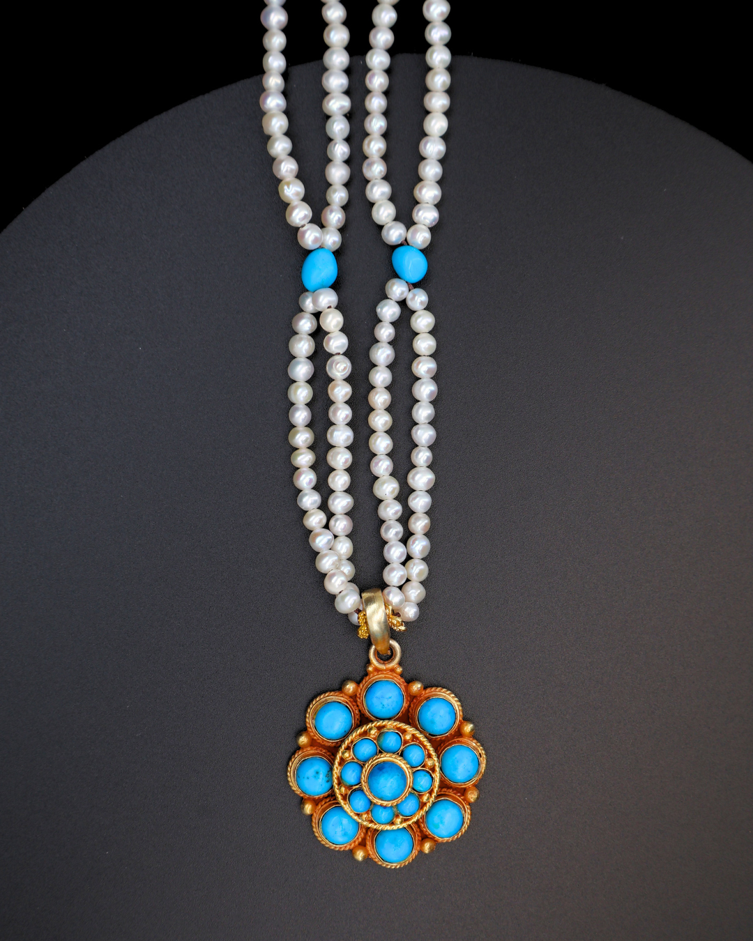 Eight-Petal Lotus Turquoise Mandala Necklace – Pearl Layered | One of a Kind