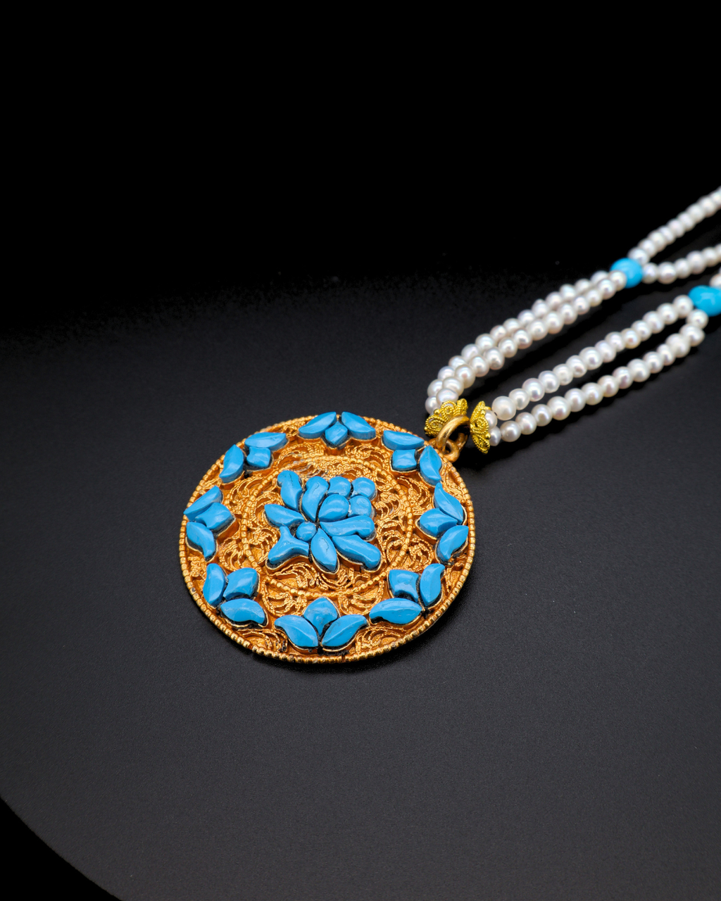 Sacred Lotus Mandala — Turquoise & Pearl Necklace
