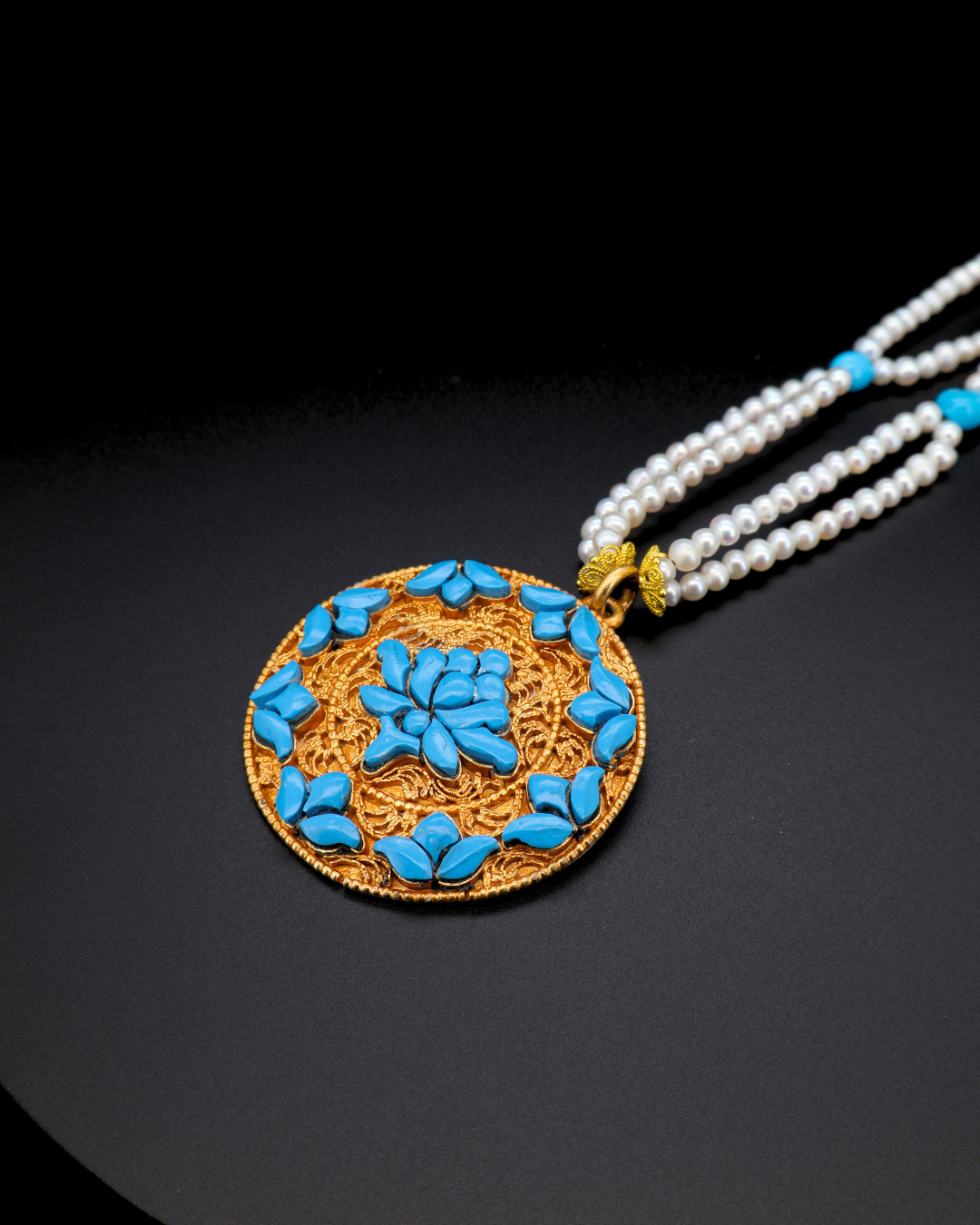 Sacred Lotus Mandala — Turquoise & Pearl Necklace
