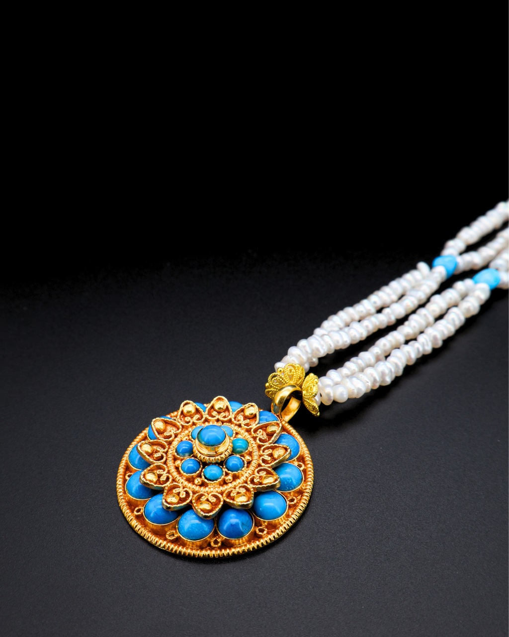 Double-Layer Eight-Petal Lotus Turquoise Mandala Necklace – Pearl Strands | One of a Kind
