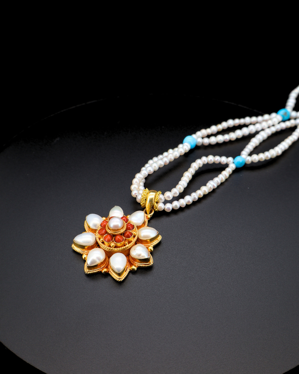 Double-Layer Eight-Petal Pearl & Coral Mandala Necklace – Dual Chain Options | One of a Kind